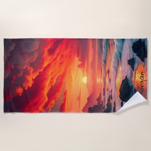 Custom Fiery Sunset Coastline - Ocean Cliffs Strandtuch (Vorderseite)