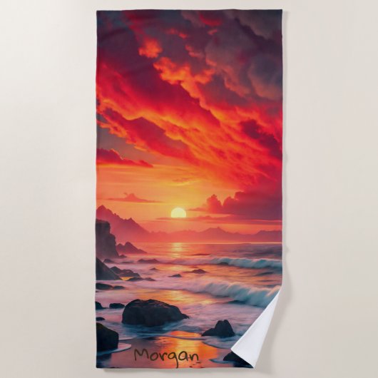Custom Fiery Sunset Coastline - Ocean Cliffs Strandtuch (Vorderseite)