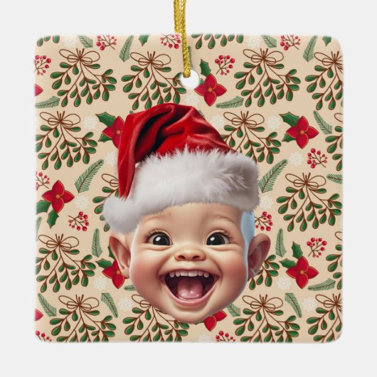 Custom First Baby Face Weihnachtsmannmütze Weihnac Keramikornament (Vorderseite)