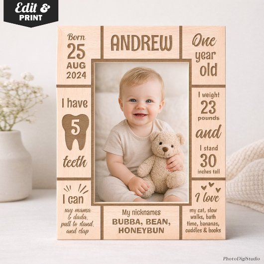 Custom First Birthday Milestone Baby Photo Wooden Geätzte Rahmen