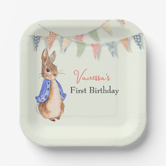 Custom First Birthday Peter der Kaninchenbunte Pappteller (Vorderseite)