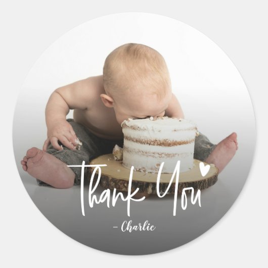 Custom First Birthday Photo Script Thank You Runder Aufkleber (Vorderseite)