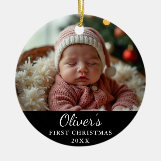 Custom First Christmas Baby Foto Black Keramik Ornament (Vorne)