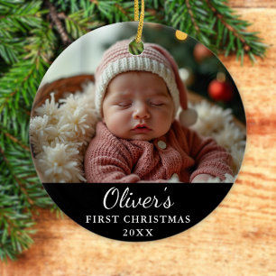 Custom First Christmas Baby Foto Black Keramik Ornament