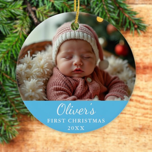 Custom First Christmas Baby Foto Blue Keramik Ornament