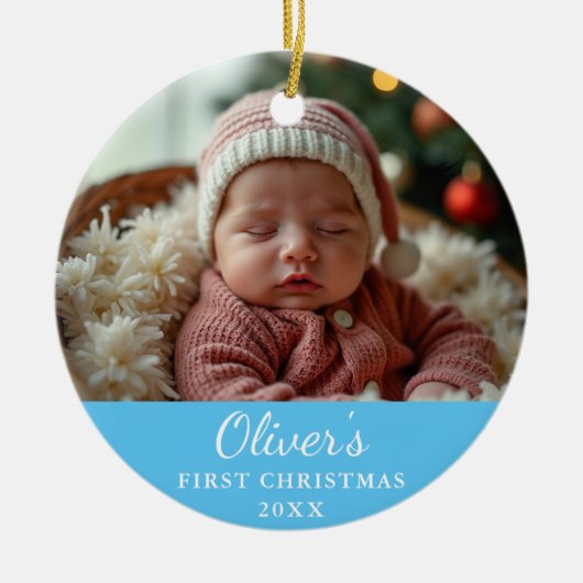 Custom First Christmas Baby Foto Blue Keramik Ornament (Vorne)