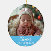 Custom First Christmas Baby Foto Blue Keramik Ornament (Links)