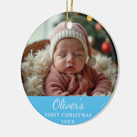 Custom First Christmas Baby Foto Blue Keramik Ornament (Links)