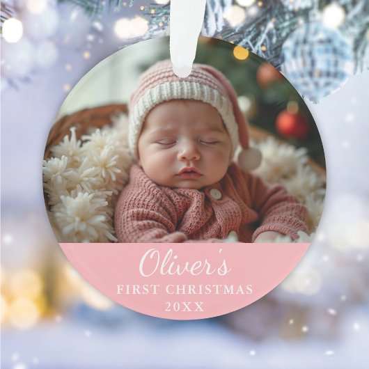 Custom First Christmas Baby Foto Pink Ornament
