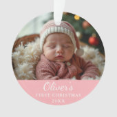 Custom First Christmas Baby Foto Pink Ornament (Vorderseite)