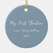 Custom First Christmas Script Baby Foto Blue Keramik Ornament (Vorne)