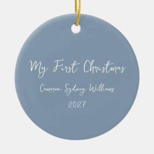Custom First Christmas Script Baby Foto Blue Keramik Ornament (Vorne)