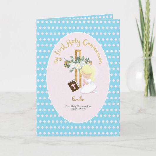 Custom First Heilige Kommune Niedlich Blonde Hair Dankeskarte (Vorderseite)