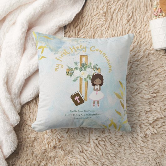 Custom First Heilige Kommunion Niedlich Brown Hair Kissen (Decke)