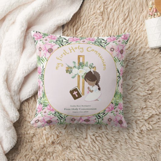 Custom First Heilige Kommunion Niedlich Brown Hair Kissen (Decke)