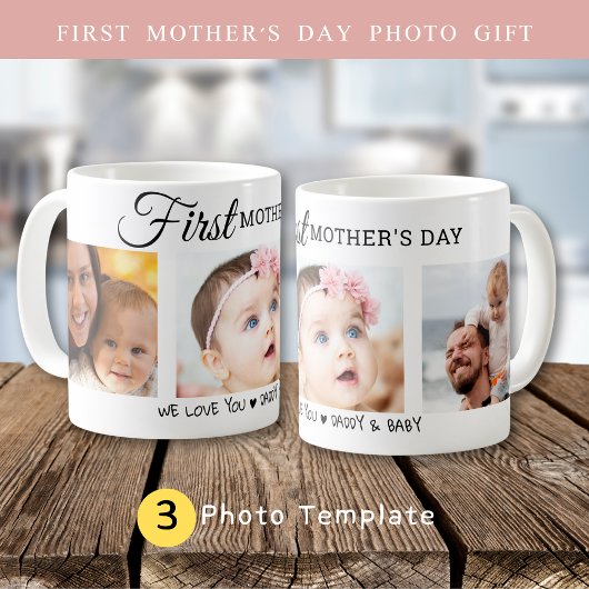 Custom First Mother's Day 3 Foto Collage Junge Mut Kaffeetasse