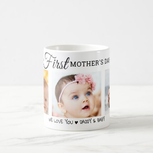 Custom First Mother's Day 3 Foto Collage Junge Mut Kaffeetasse (Mittel)