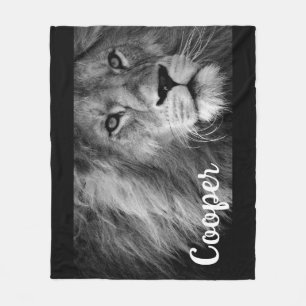 Custom Fleece Blanket B&W Lion Personalize Name