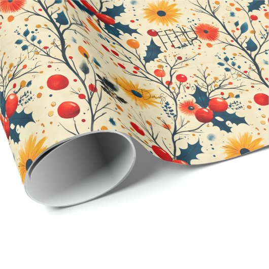 Custom Floral and Berry Christmas Wrap Geschenkpapier (Rolleneckpunkt)