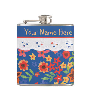 Custom Floral and Imitate Lace on Blue Hip Flask Flachmann