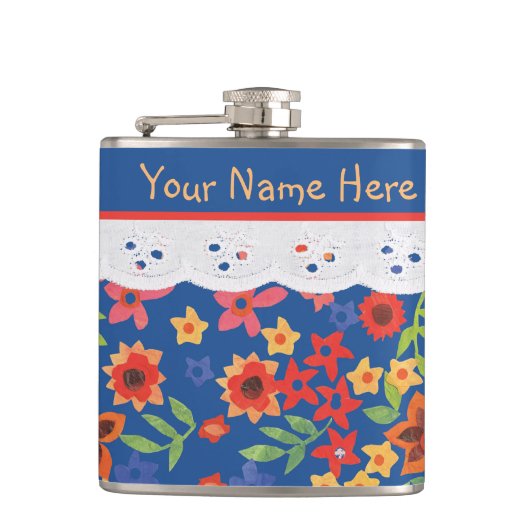 Custom Floral and Imitate Lace on Blue Hip Flask Flachmann (Vorderseite)