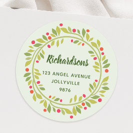 Custom Floral Blätter Weihnachtskranz-Adresse Runder Aufkleber