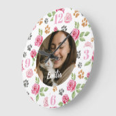Custom Floral Cat Mom Wall Clock with Photo  Große Wanduhr (Winkel)