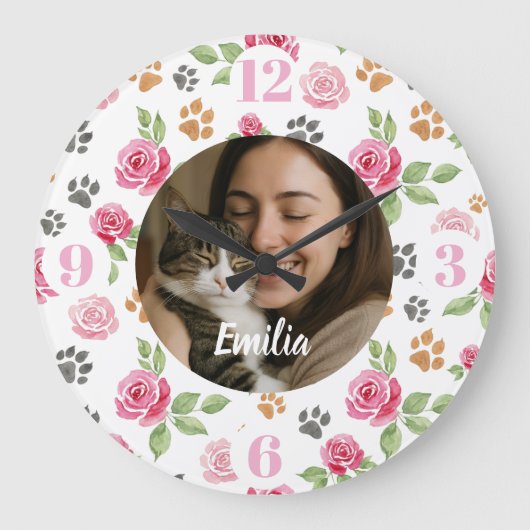 Custom Floral Cat Mom Wall Clock with Photo  Große Wanduhr (Vorderseite)