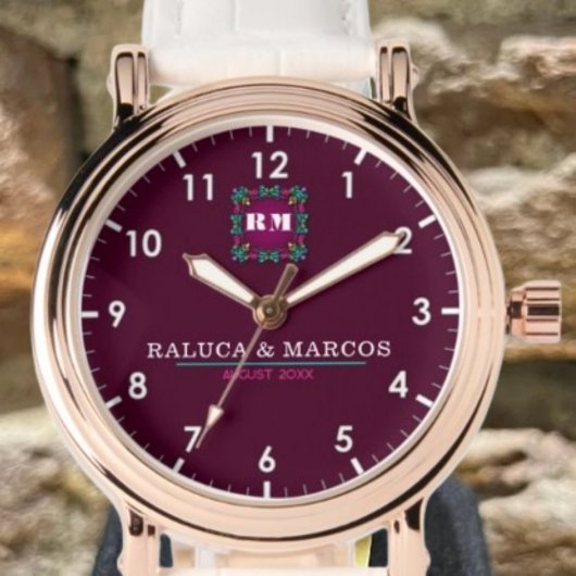 Custom floral couple names monogram armbanduhr