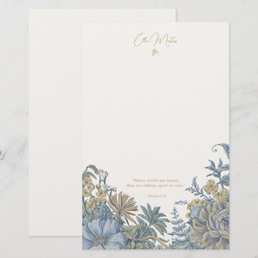 Custom Floral Elegante Script Zitat Chic Blau Briefpapier (Vorne/Hinten)