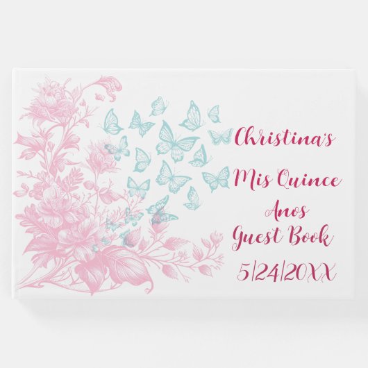 Custom Floral Girly Mis Quince Anos Keepake Gästebuch (Vorderseite)