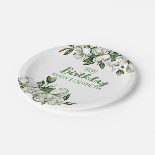 Custom Floral Magnolia Greenery BIrthday Party Pappteller (Schrägansicht)