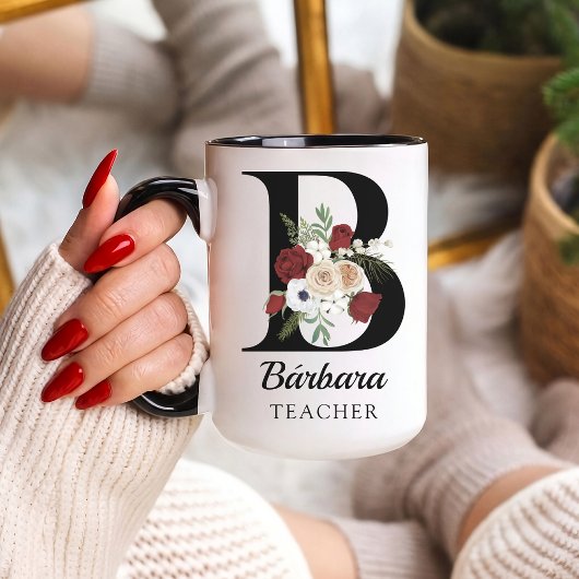 Custom Floral Monogram Mug Gift for Bride Teacher Tasse