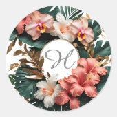 Custom Floral Monogram Tropical Round Sticker (Vorderseite)