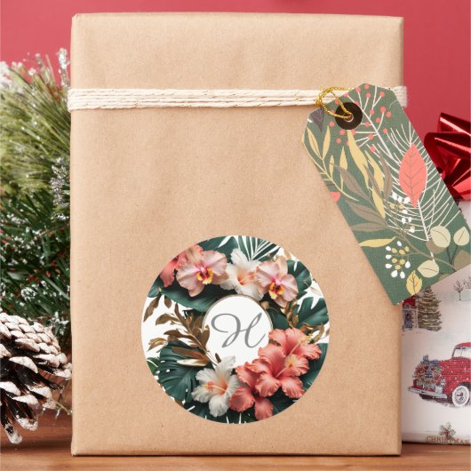 Custom Floral Monogram Tropical Round Sticker (Feiertag)