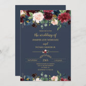 Custom Floral Navy Blue Burgundy Gold Wedding Einladung (Vorne/Hinten)