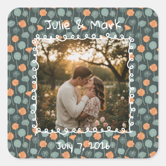 Custom Floral Photo Engagement Quadratischer Aufkleber (Vorderseite)