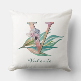 Custom Floral V Letter Watercolor Folion Monogramm Kissen