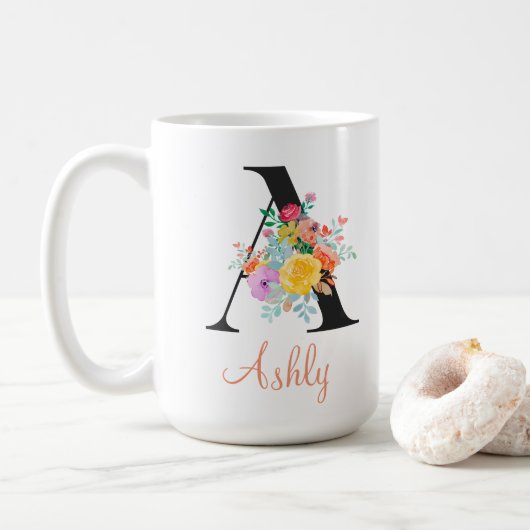 Custom Floral Watercolor Monogram Name Kaffeetasse (Mit Donut)