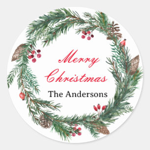 Custom Floral Wreath Frohe Weihnachtsfamilie Name Runder Aufkleber