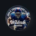 Custom Football Player Foto High School Spirit Button<br><div class="desc">Diese coole,  kundenspezifische High School Football Player Foto Spirituosen-Taste zeigt eine weiße Typografie Ihrer Mannschaft und Spielernamen. Personalisieren Sie mit dem Maskottyp über das Athletenfoto.</div>