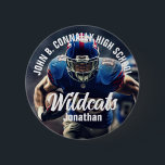 Custom Football Player Foto High School Spirit Button<br><div class="desc">Diese coole,  kundenspezifische High School Football Player Foto Spirituosen-Taste zeigt eine weiße Typografie Ihrer Mannschaft und Spielernamen. Personalisieren Sie mit dem Maskottyp über das Athletenfoto.</div>