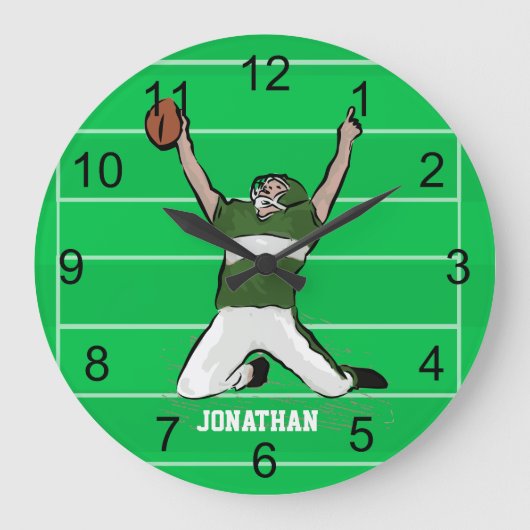 Custom Football Player Touchdown Green und White Große Wanduhr (Vorderseite)