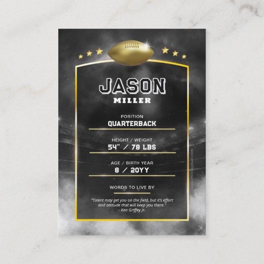 Custom Football Trading Card Black Gold Stadium Telefonnummerkarte (Rückseite)