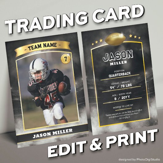 Custom Football Trading Card Black Gold Stadium Telefonnummerkarte