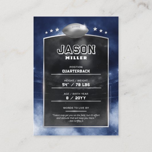 Custom Football Trading Card Blue Silver Stadium Telefonnummerkarte (Rückseite)