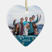 Custom Foto 2-seitig Merry Christmas Blue Kariert Keramik Ornament (Rechts)