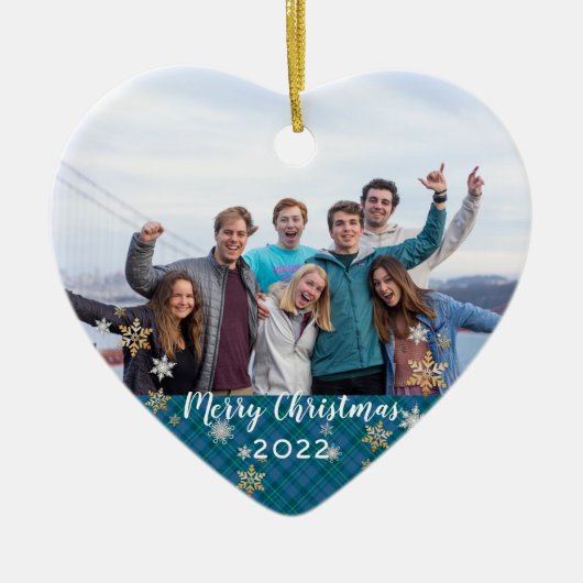 Custom Foto 2-seitig Merry Christmas Blue Kariert Keramik Ornament (Vorne)