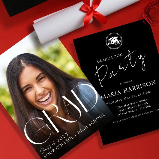 Custom Foto Abschluss White on Black Invasion Einladung