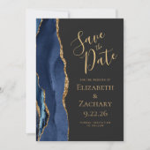 Custom Foto Agate Blue Gold Dark Save the Date Einladung (Vorderseite)